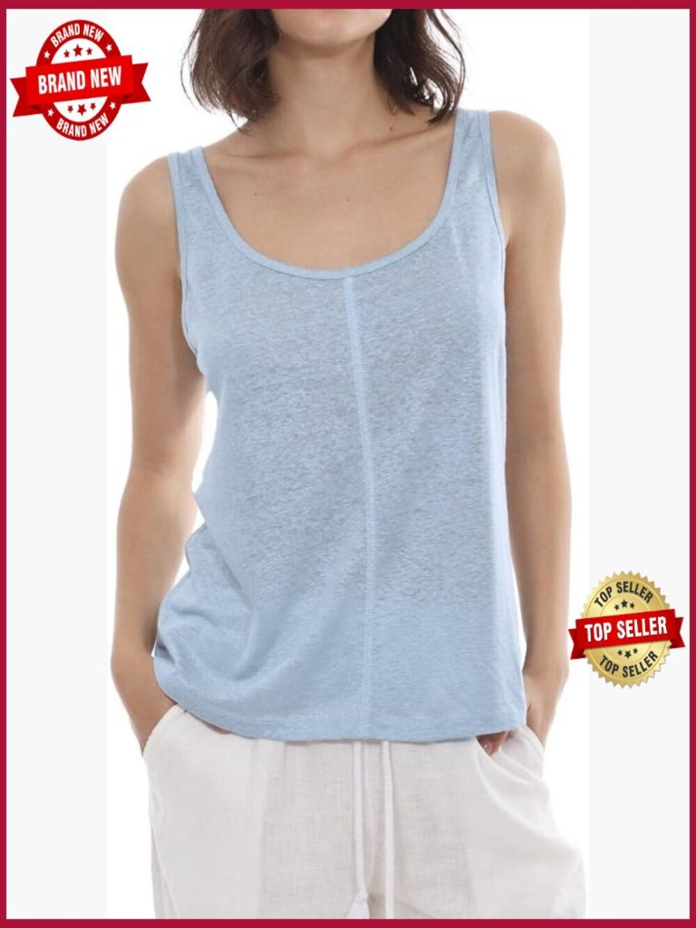 100% Linen Knit Sleeveless Tank Top Scoop Neck Casual Summer